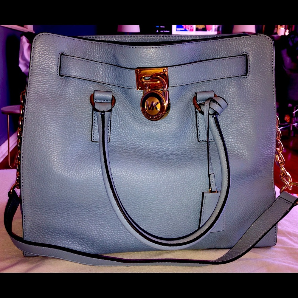 MICHAEL KORS HAMILTON BAG, LT. BLUE; LARGE, 13.5” x 12”